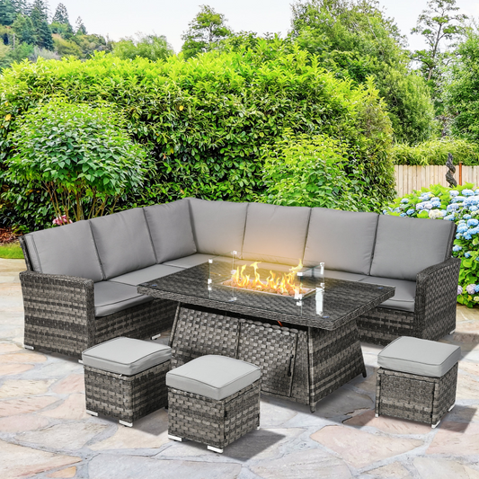 Outsunny 7 Pieces Rattan Garden Furniture Set w/ 50,000 BTU Gas Fire Pit Table