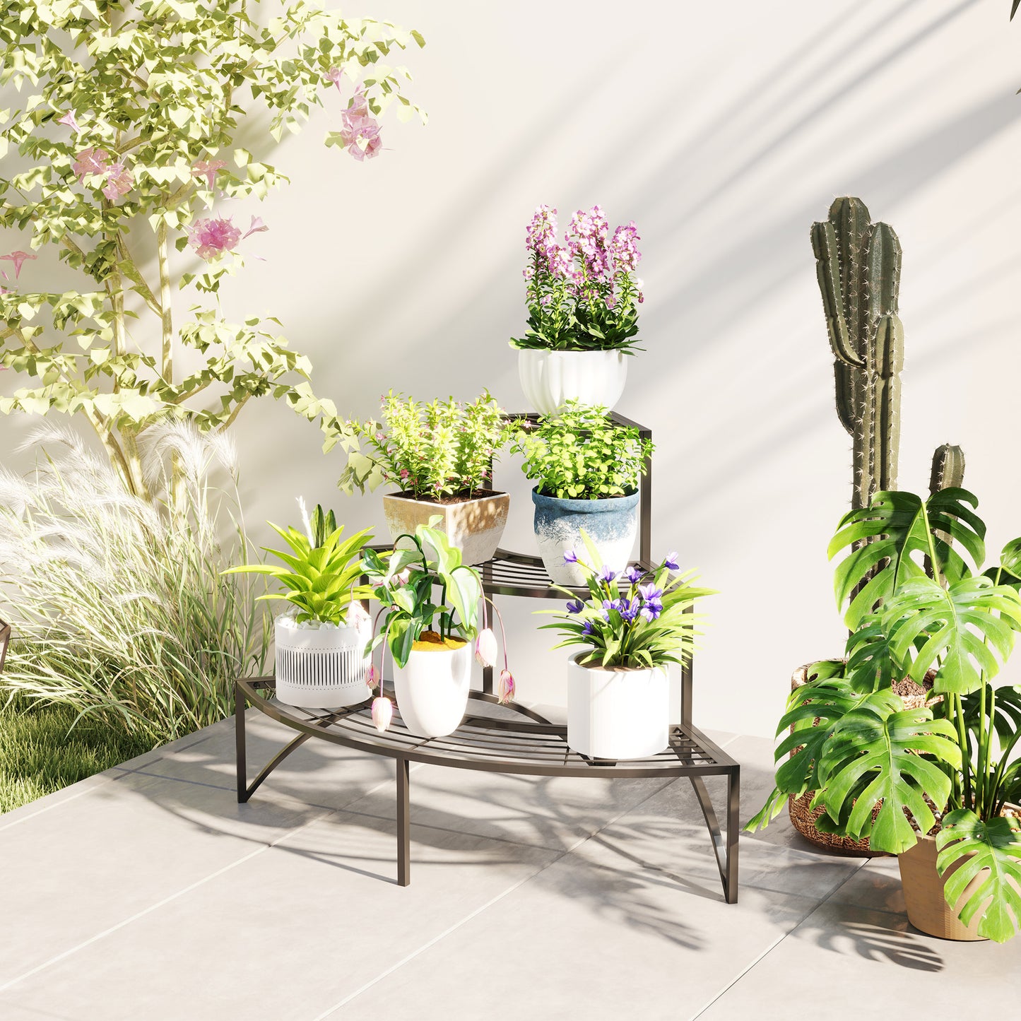 Outsunny 3 Tier Metal Corner Plant Stand for Garden Balcony Patio, Black