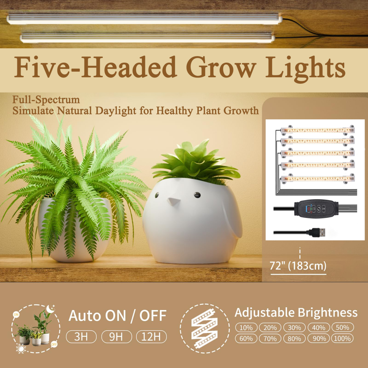 Plant Stand indoor 9-Tiered , 63.6" Tall Plant Stand with 5 Grow Lights, Adjustable Lighting Modes (5/3/2 Lights), 10-Level Dimming & 3 Timer Settings, Energy-Efficient, Perfect for Plant Growth
