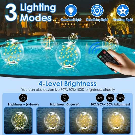 2 Pack Outdoor Solar Pool Lights, LED Light Up Balls with Remote, 3200K Warm Glow, 3 Lighting Modes & 4-Level Brightness& Auto On at Dusk, IP68 Waterproof,  Perfect for Garden, Pool, Beach & Party