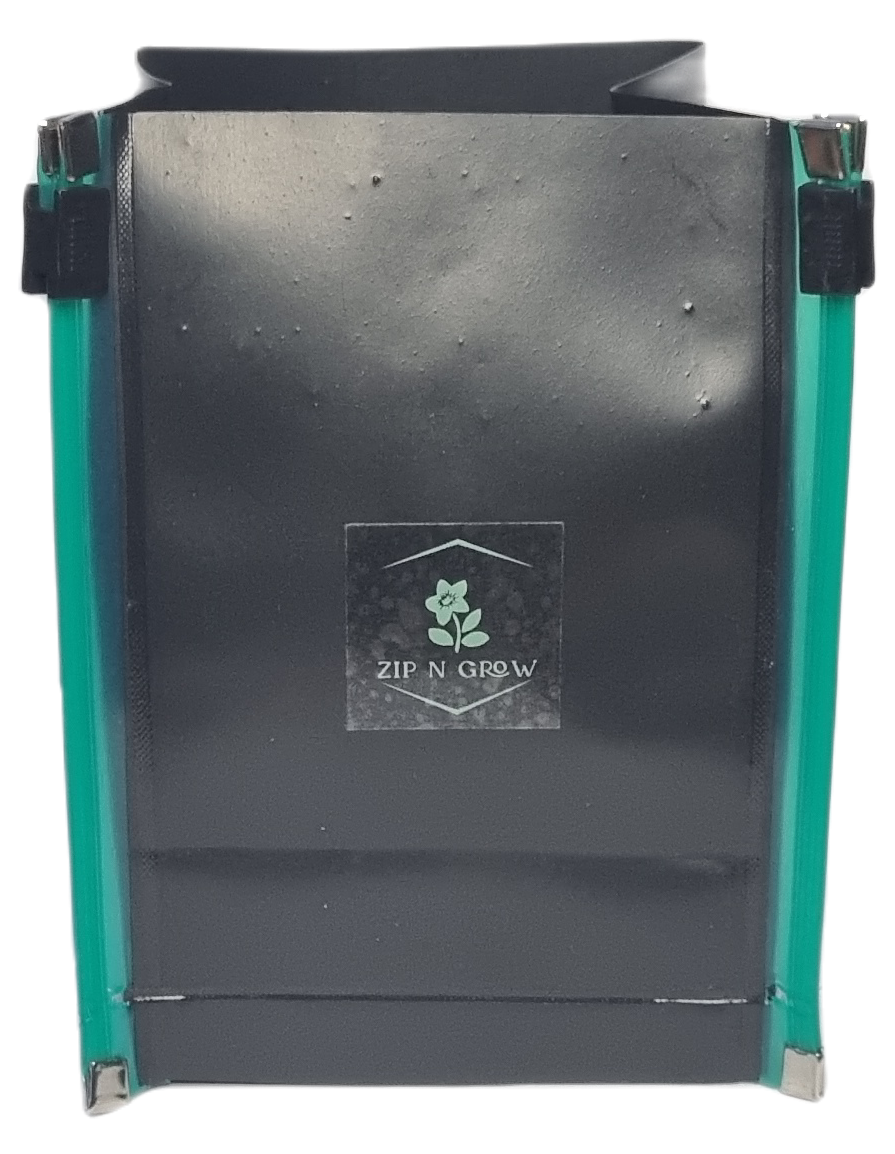 ZIP N Grow folding eco plant pots. Sold in packs of 4, with 4 sizes, 8cmx8cmx 10cm high- 10x10x14cm high-12x12x16cm high-16x16x20cm high