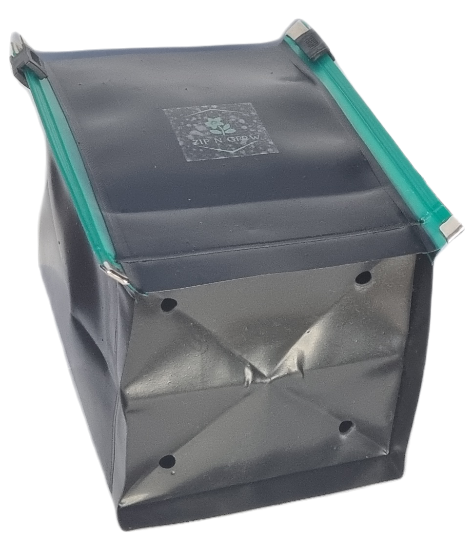 ZIP N Grow folding eco plant pots. Sold in packs of 4, with 4 sizes, 8cmx8cmx 10cm high- 10x10x14cm high-12x12x16cm high-16x16x20cm high