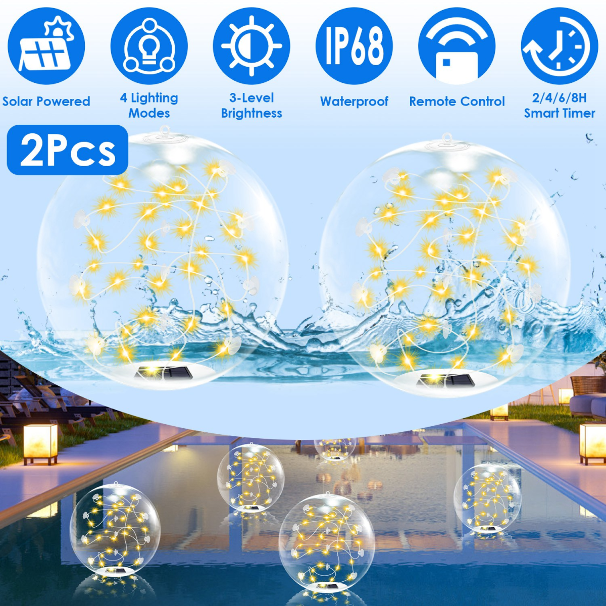 2 Pack Outdoor Solar Pool Lights, LED Light Up Balls with Remote, 3200K Warm Glow, 3 Lighting Modes & 4-Level Brightness& Auto On at Dusk, IP68 Waterproof,  Perfect for Garden, Pool, Beach & Party
