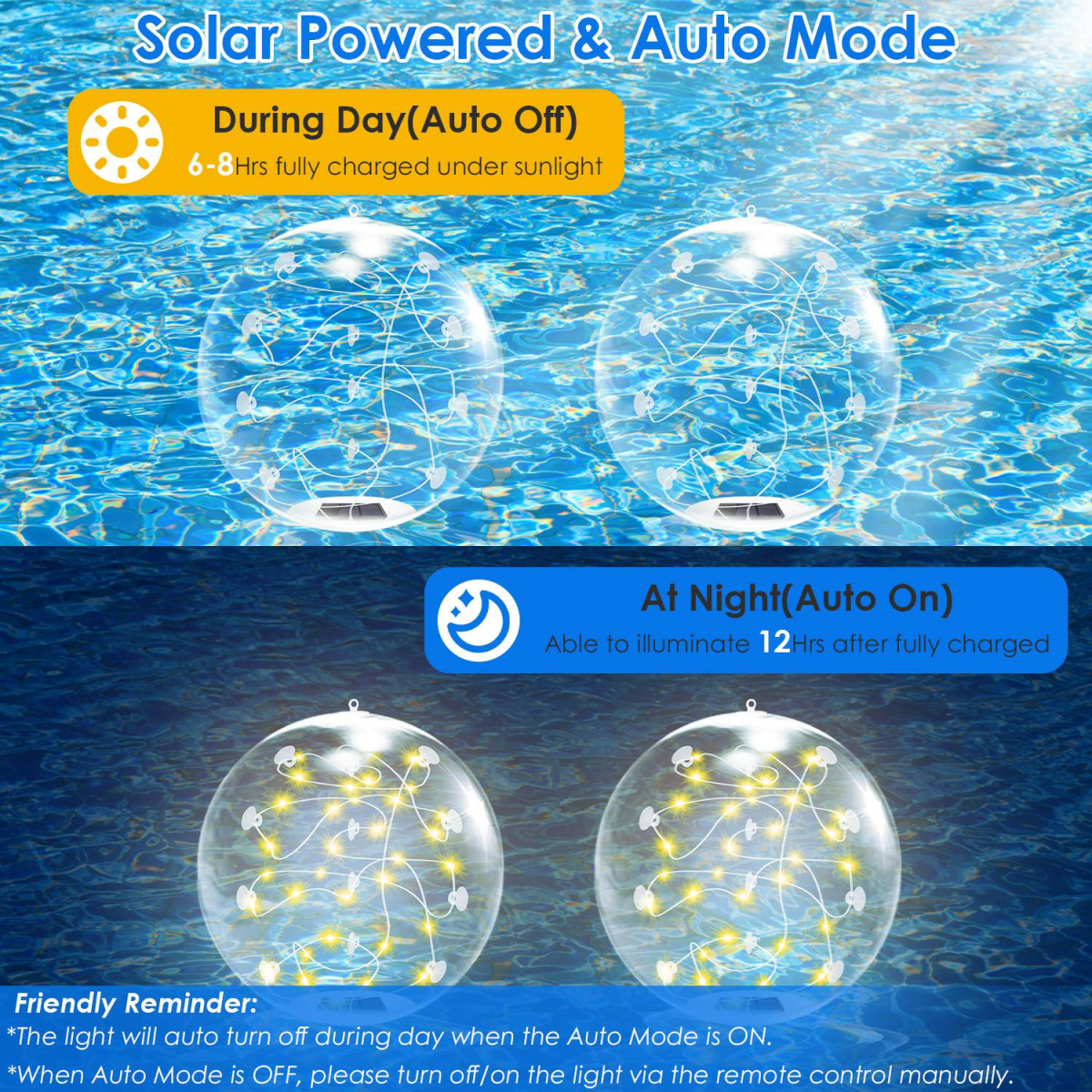 2 Pack Outdoor Solar Pool Lights, LED Light Up Balls with Remote, 3200K Warm Glow, 3 Lighting Modes & 4-Level Brightness& Auto On at Dusk, IP68 Waterproof,  Perfect for Garden, Pool, Beach & Party