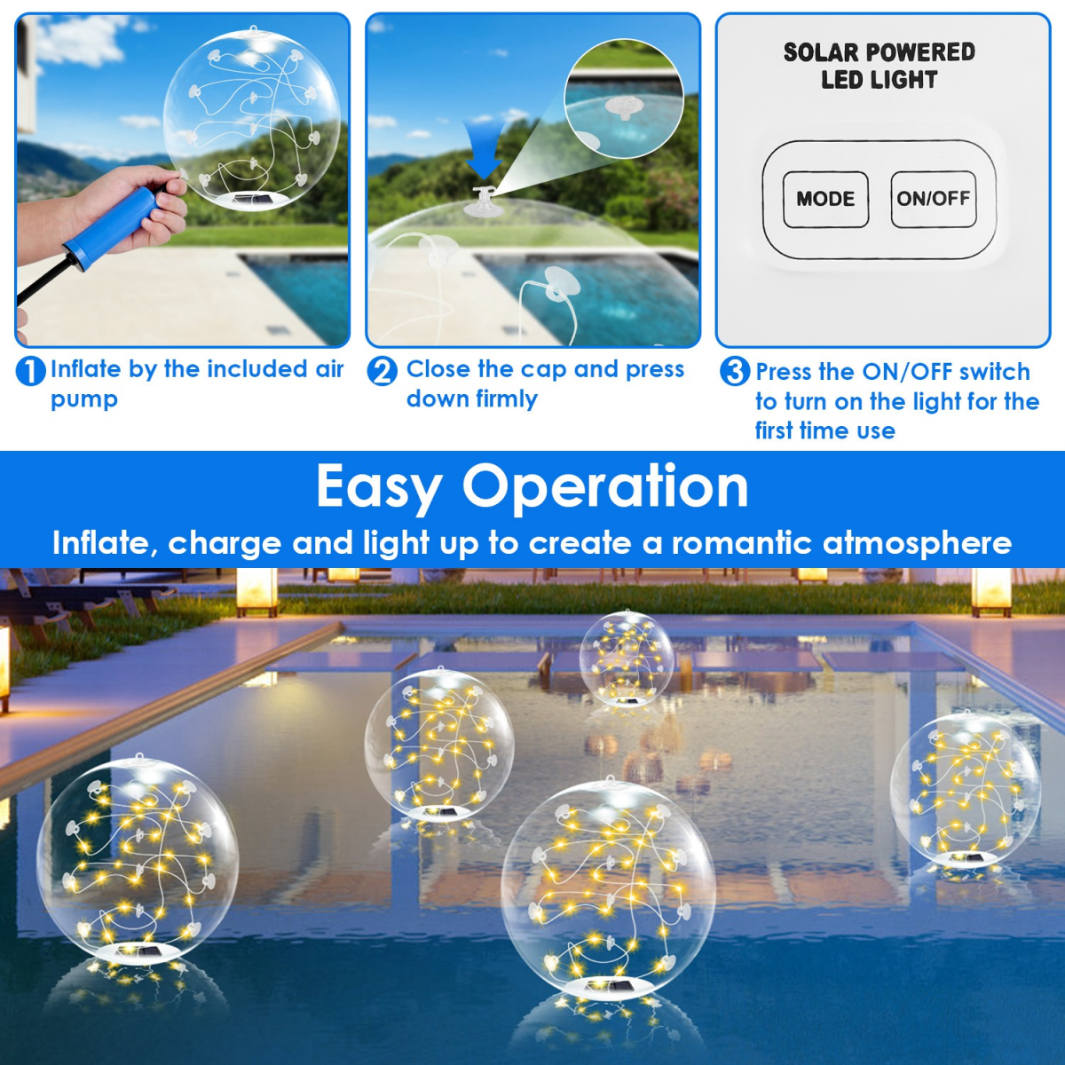 2 Pack Outdoor Solar Pool Lights, LED Light Up Balls with Remote, 3200K Warm Glow, 3 Lighting Modes & 4-Level Brightness& Auto On at Dusk, IP68 Waterproof,  Perfect for Garden, Pool, Beach & Party
