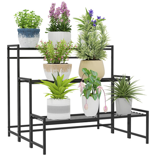 Outsunny 3-Tier Metal Plant Stand, Modern Ladder Shelf for Garden, Black