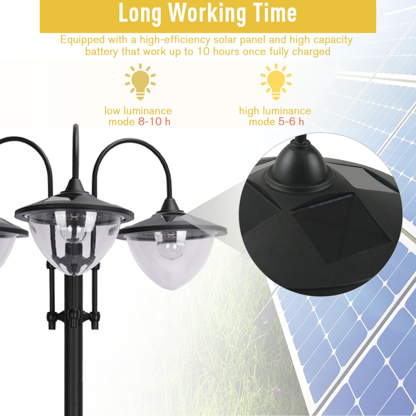 Outsunny 3-head LED Solar Light Lamp Street Light Post with Planter Base, Black