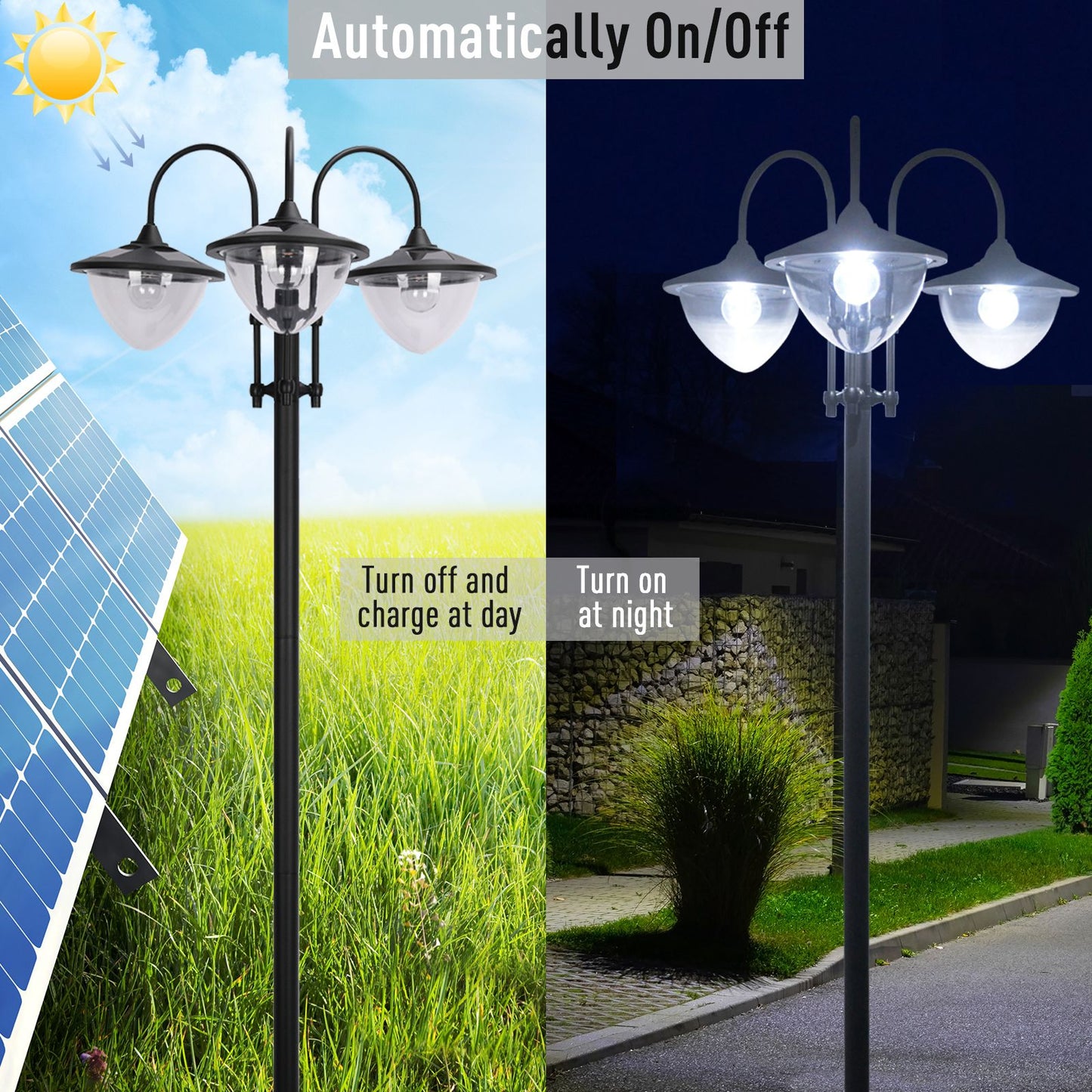 Outsunny 3-head LED Solar Light Lamp Street Light Post with Planter Base, Black