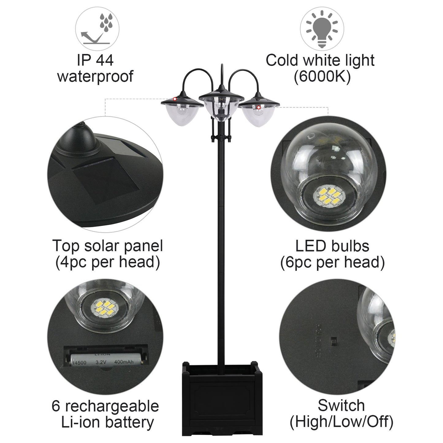 Outsunny 3-head LED Solar Light Lamp Street Light Post with Planter Base, Black