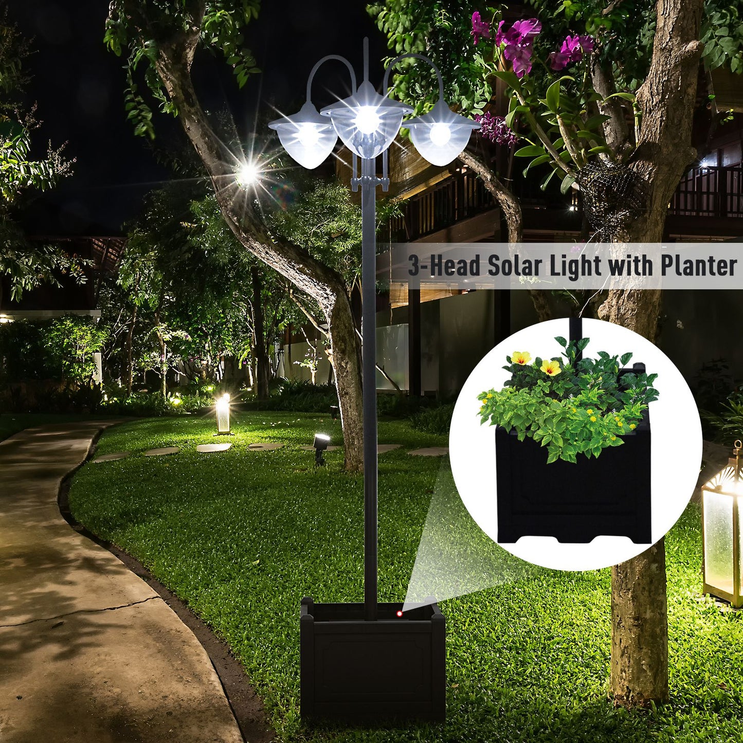 Outsunny 3-head LED Solar Light Lamp Street Light Post with Planter Base, Black