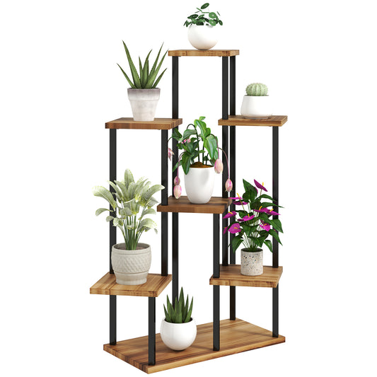 Outsunny 7 Tier Plant Stand, Tall Steel Wood Plant Shelf, Carbonised Finish