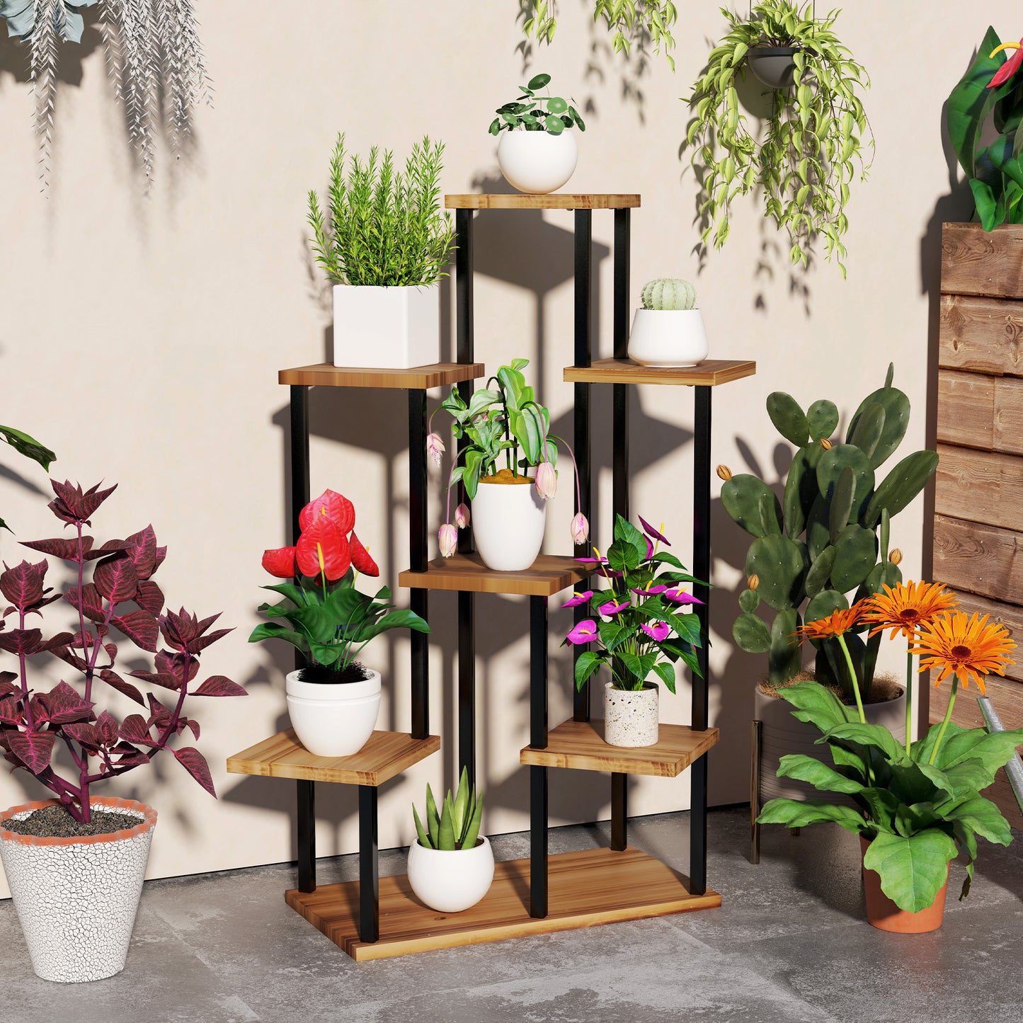 Outsunny 7 Tier Plant Stand, Tall Steel Wood Plant Shelf, Carbonised Finish