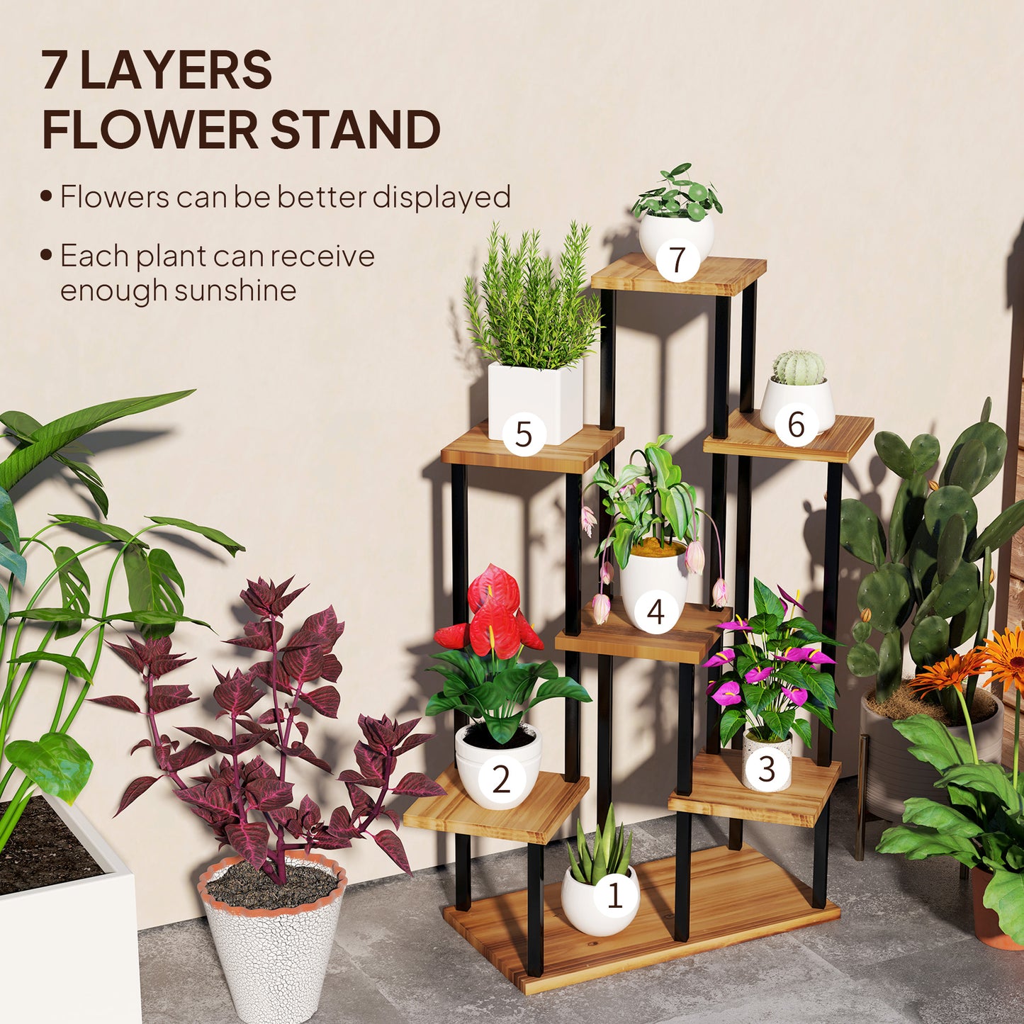 Outsunny 7 Tier Plant Stand, Tall Steel Wood Plant Shelf, Carbonised Finish