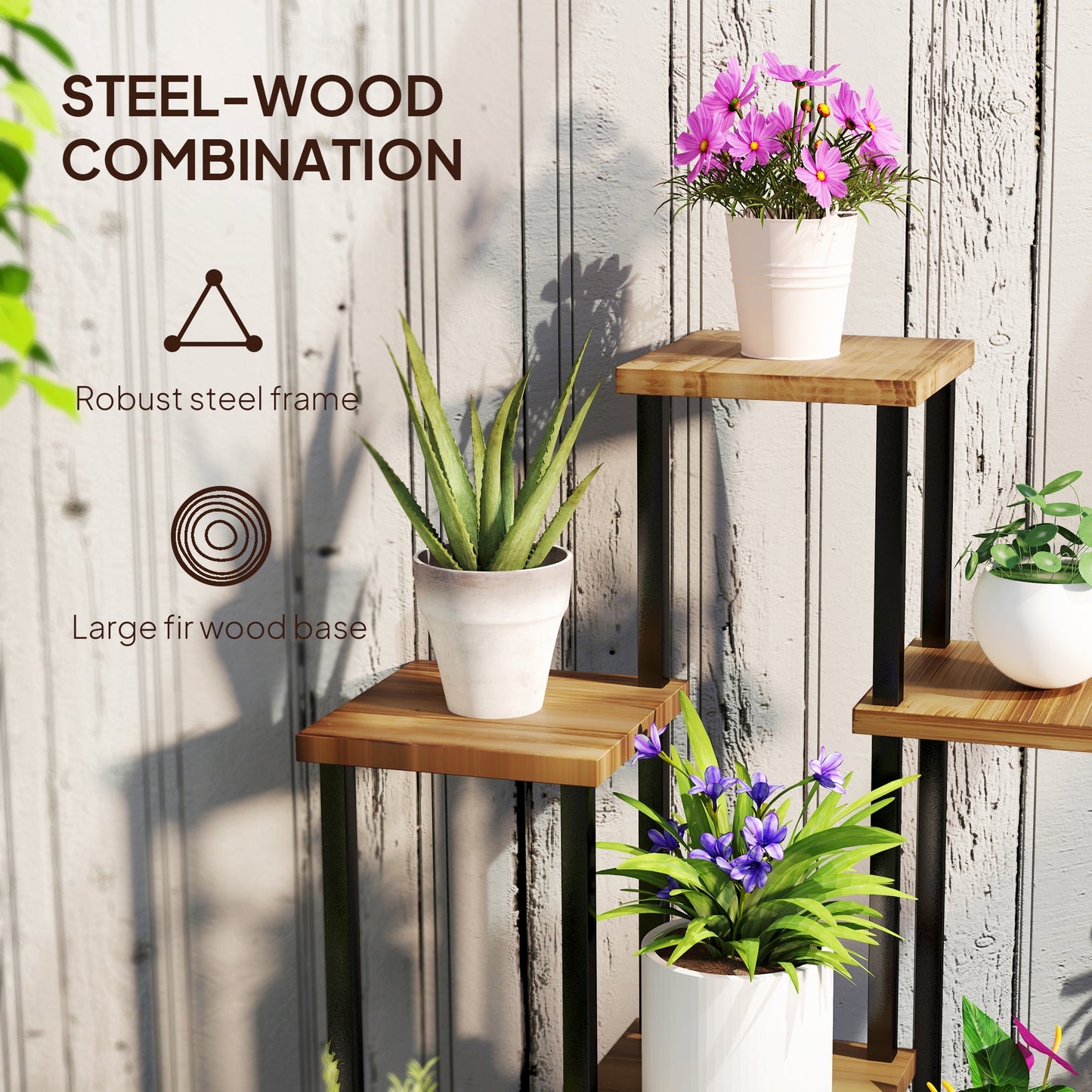 Outsunny 7 Tier Plant Stand, Tall Steel Wood Plant Shelf, Carbonised Finish
