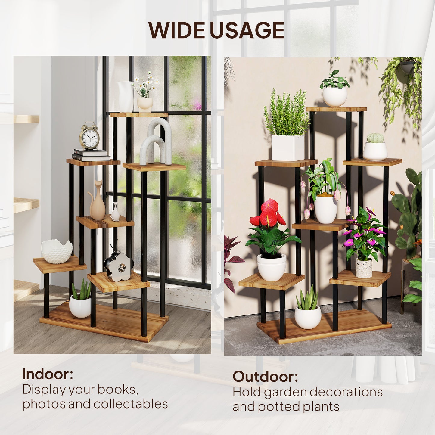 Outsunny 7 Tier Plant Stand, Tall Steel Wood Plant Shelf, Carbonised Finish