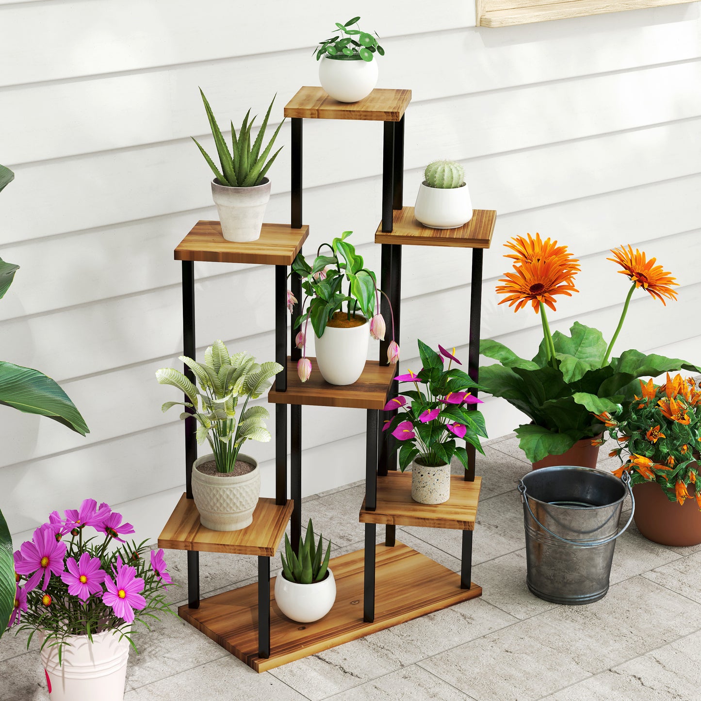 Outsunny 7 Tier Plant Stand, Tall Steel Wood Plant Shelf, Carbonised Finish