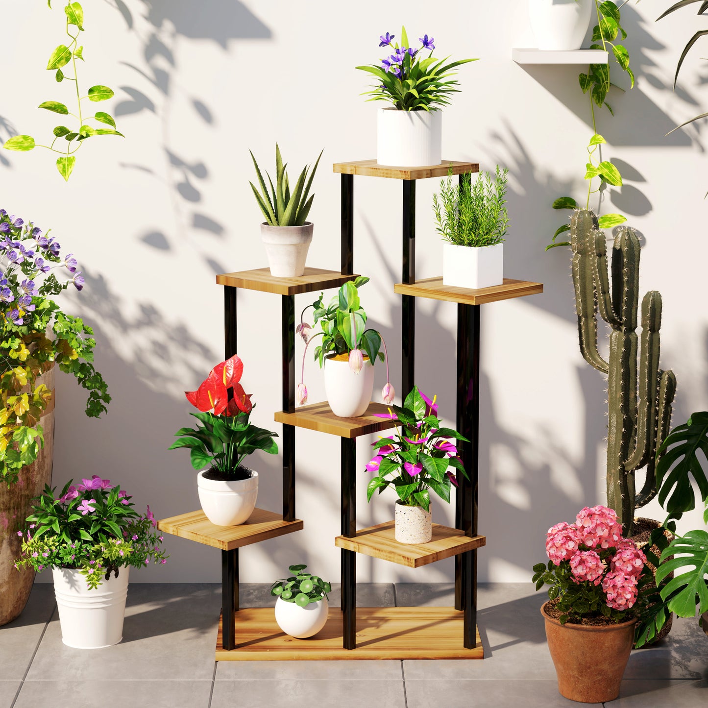 Outsunny 7 Tier Plant Stand, Tall Steel Wood Plant Shelf, Carbonised Finish